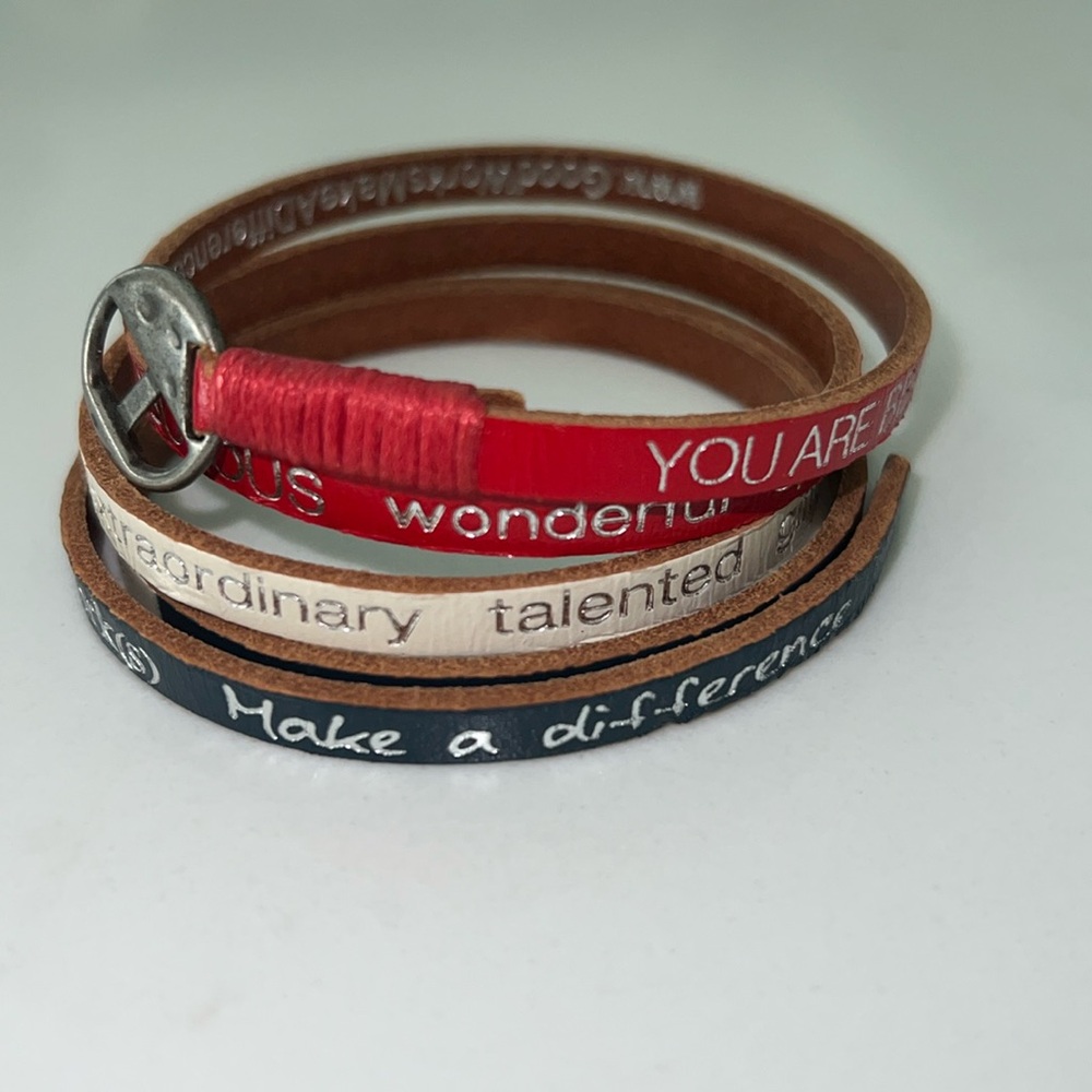 Good Works Make a Difference Quadruple Leather Wrap Bracelet.
